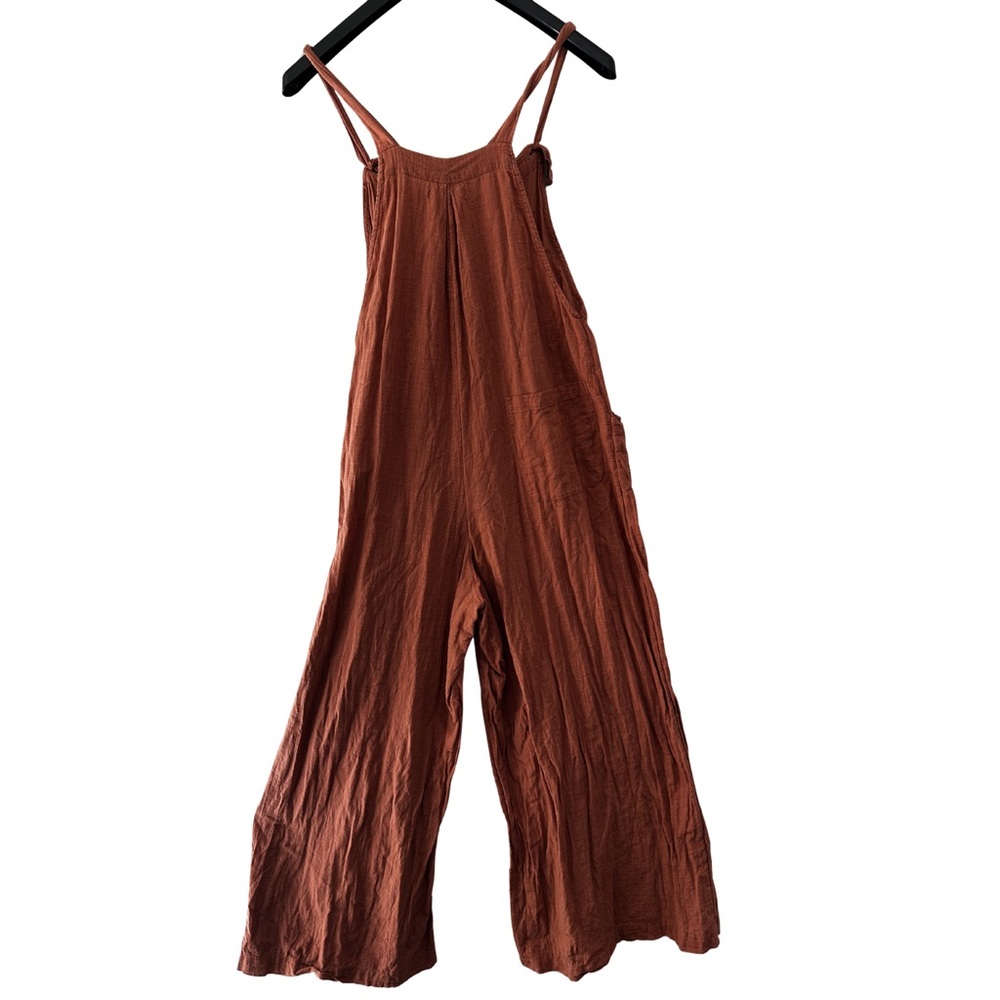 Natural Life Cotton Lagenlook Wide Leg Jumpsuit Small Boho Rust Overalls Pockets - Picture 8 of 10